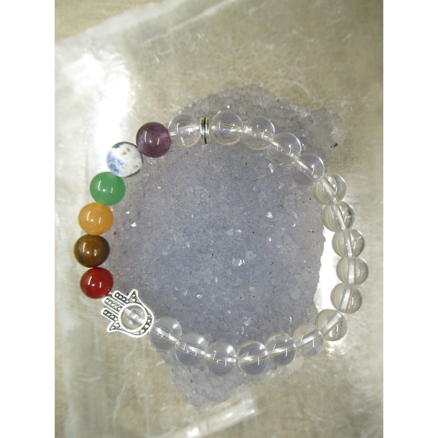 Quartz Bracelet 8mm Hamsa 7 Chakra Clear
