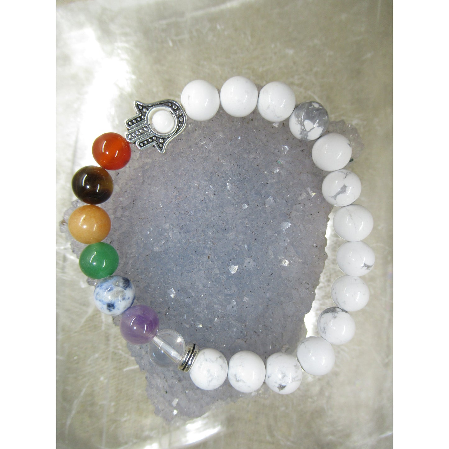 White Howlite Bracelet 8mm Hamsa 7 Chakra White Black