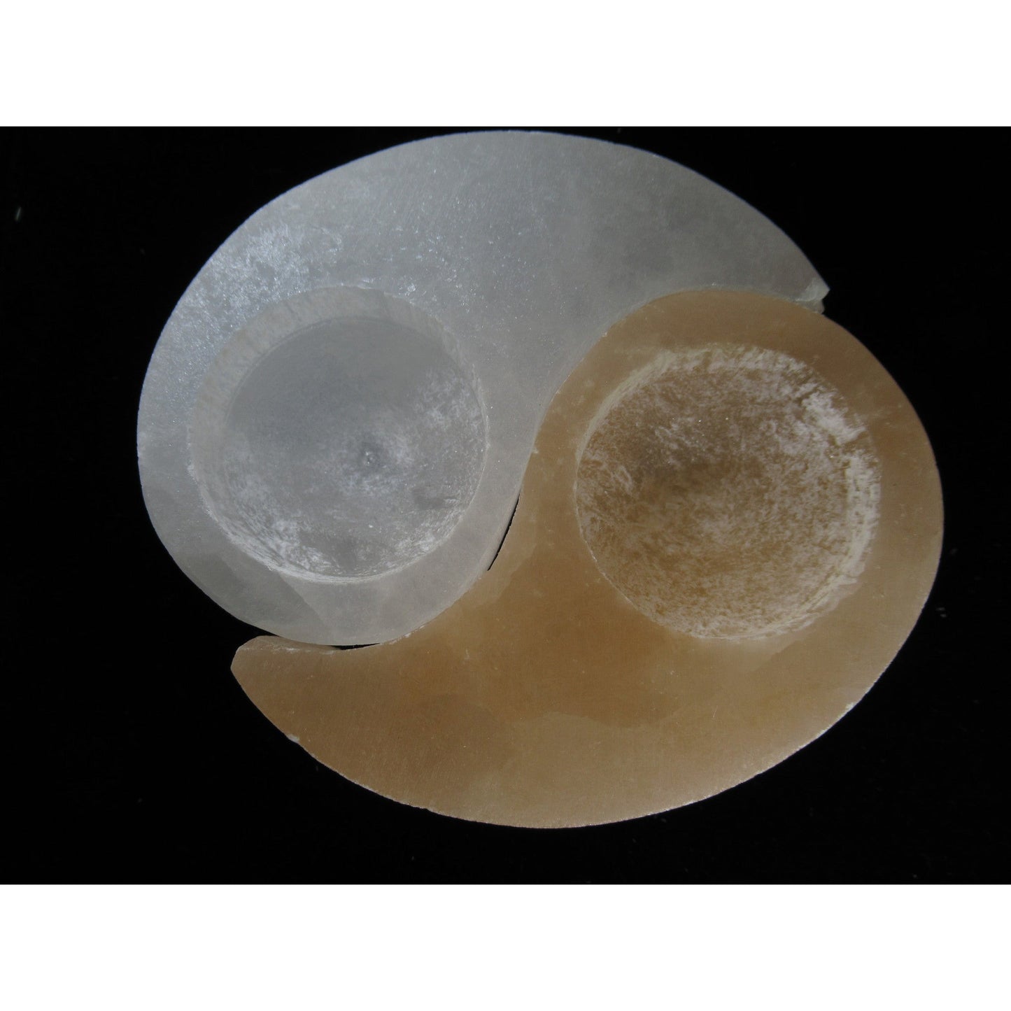 Selenite Yin Yang Charging Dish Polished Pink White 4 x 4.5 X 2.5