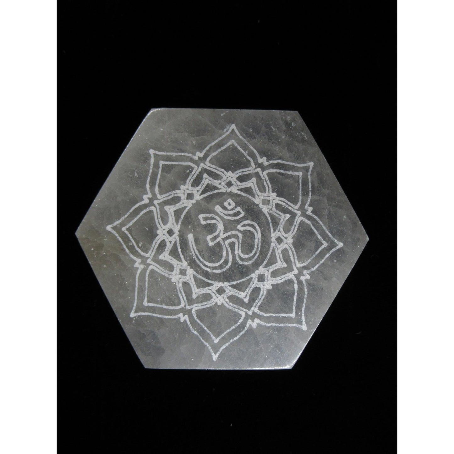 Selenite Medium Om Charging Plate Polished White 4x4 X .75