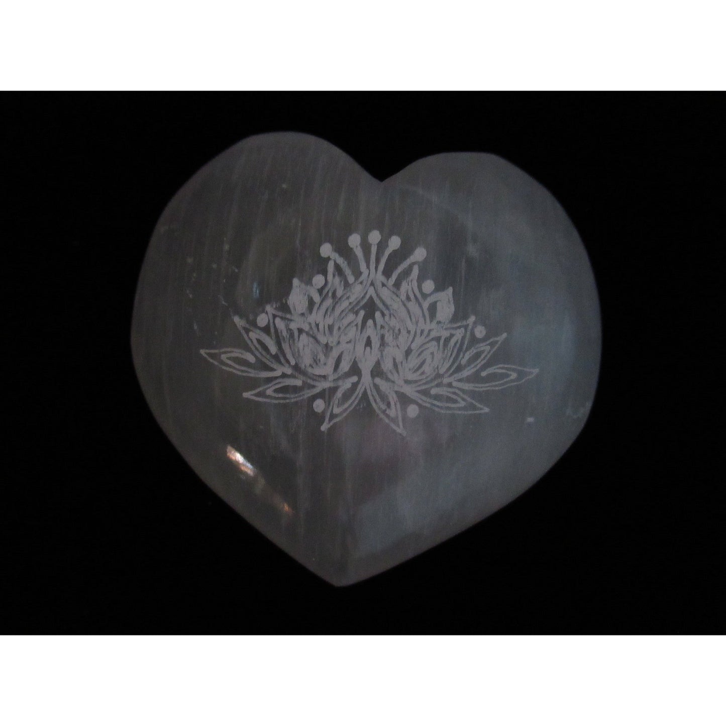 Selenite Large Heart W Lotus Flower Polished White 3 X 3