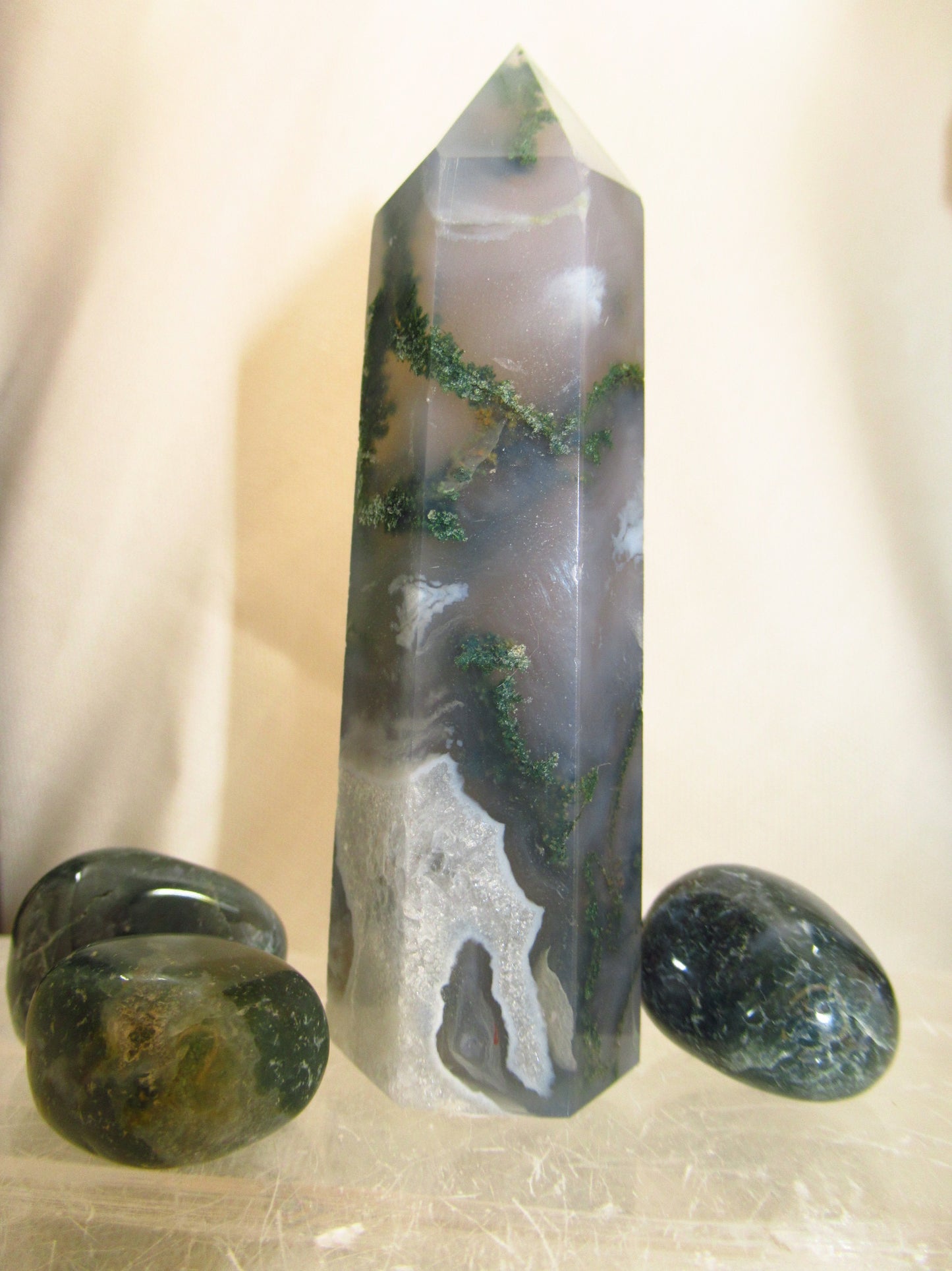 Moss Agate Medium Tower With 3 Tumbled Stones Polished Green White 3.5x1 Stone 1 Inch