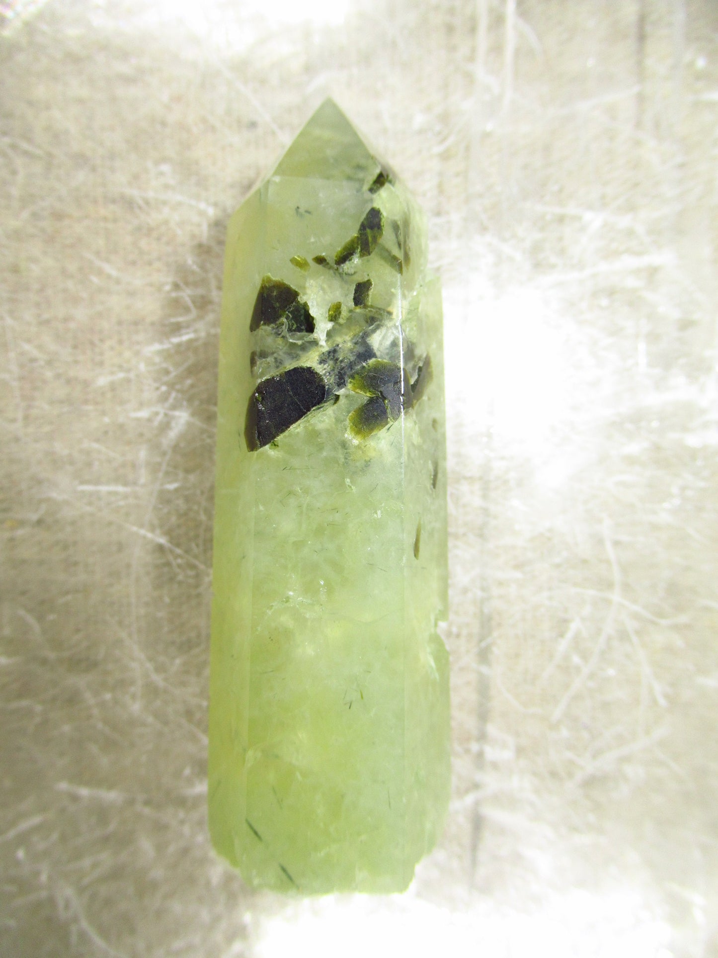 Prehnite With Green Tourmaline Medium Tower Polished Light & Dark Green 3x1